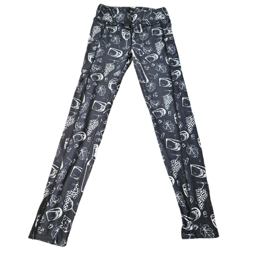 Barker Basic Leggings Wine Grapes Cheese Print OS Black White - Picture 3 of 8
